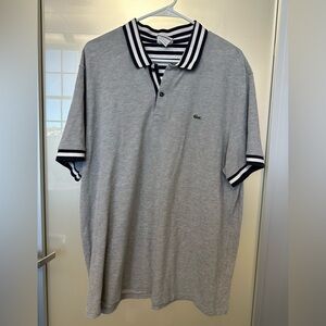 Lacoste Brushed Pique Gray Polo Stripes Collar and Sleeves Size 3XL